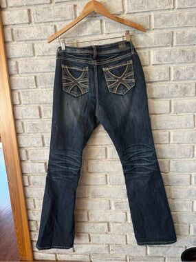 Dark Blue Women's Flare Jeans with Embroidered Back Pockets